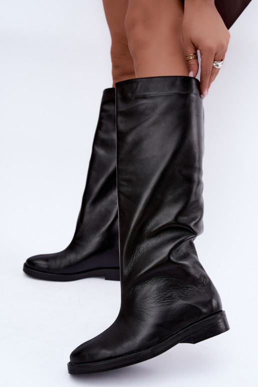 Botas altas de cuero cálidas con tacones anchos en negro Zazoo 542