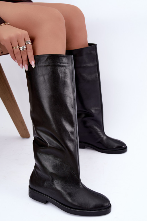 Botas altas de cuero cálidas con tacones anchos en negro Zazoo 542