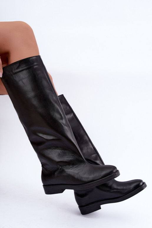 Botas altas de cuero cálidas con tacones anchos en negro Zazoo 542