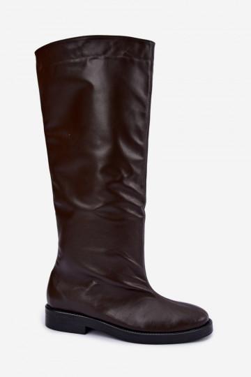 Botas altas de cuero cálidas con tacones anchos en marrón Zazoo 542