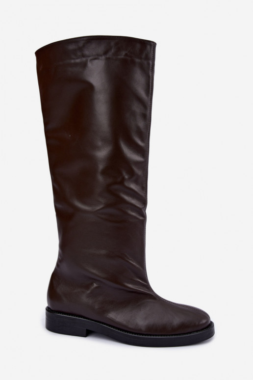 Botas altas de cuero cálidas con tacones anchos en marrón Zazoo 542