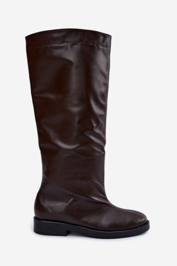 Botas altas de cuero cálidas con tacones anchos en marrón Zazoo 542 2