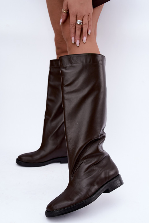 Botas altas de cuero cálidas con tacones anchos en marrón Zazoo 542