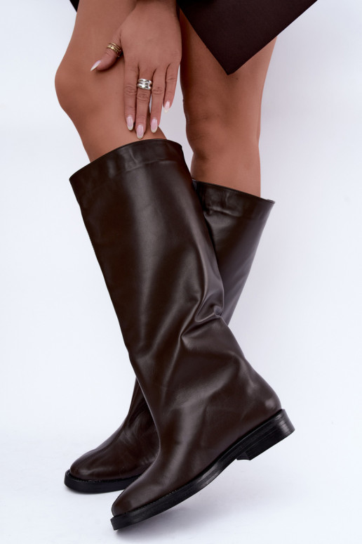 Botas altas de cuero cálidas con tacones anchos en marrón Zazoo 542