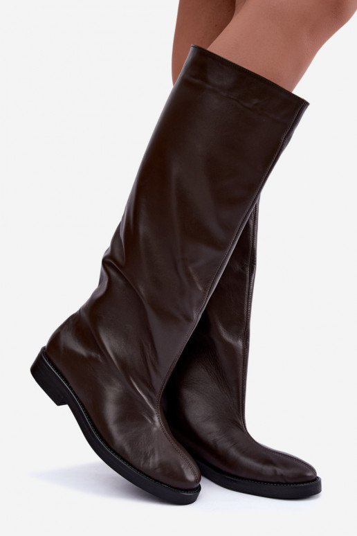 Botas altas de cuero cálidas con tacones anchos en marrón Zazoo 542