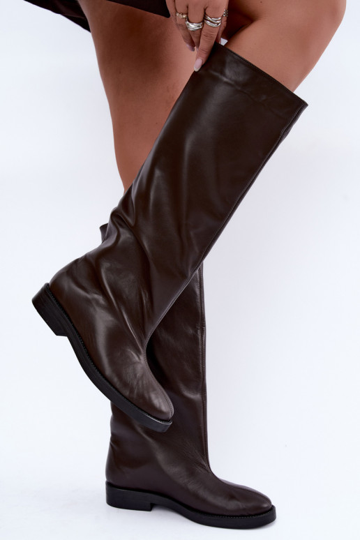 Botas altas de cuero cálidas con tacones anchos en marrón Zazoo 542
