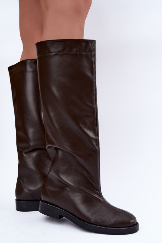 Botas altas de cuero cálidas con tacones anchos en marrón Zazoo 542