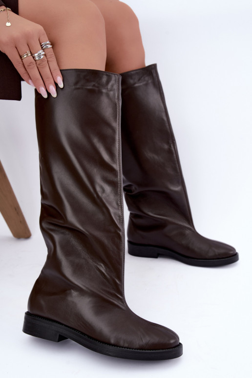 Botas altas de cuero cálidas con tacones anchos en marrón Zazoo 542