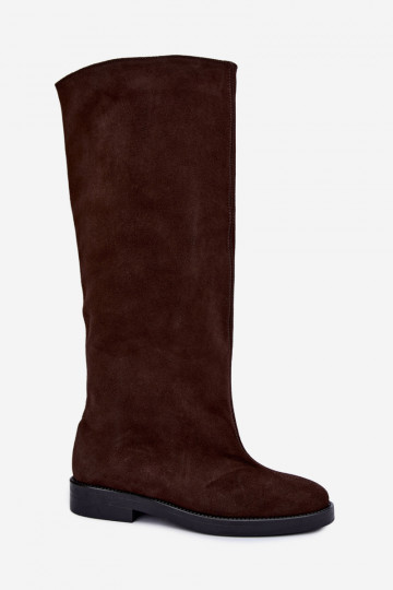 Botas altas de ante sintético cálidas con tacones anchos en marrón Zazoo 542