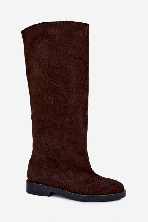 Botas altas de ante sintético cálidas con tacones anchos en marrón Zazoo 542