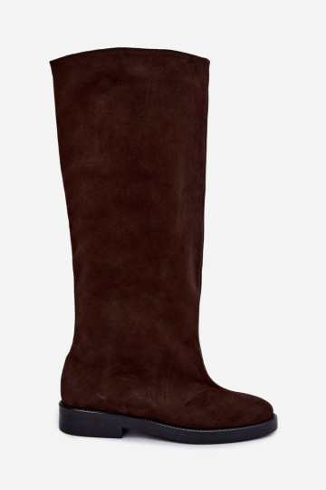 Botas altas de ante sintético cálidas con tacones anchos en marrón Zazoo 542 2