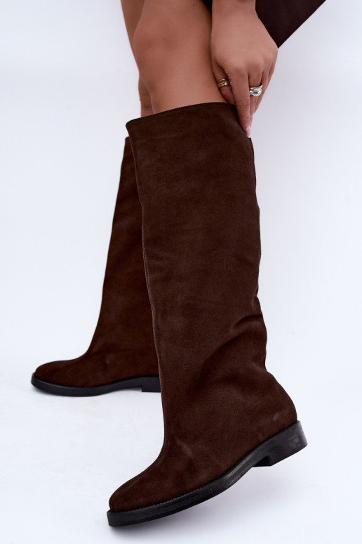 Botas altas de ante sintético cálidas con tacones anchos en marrón Zazoo 542
