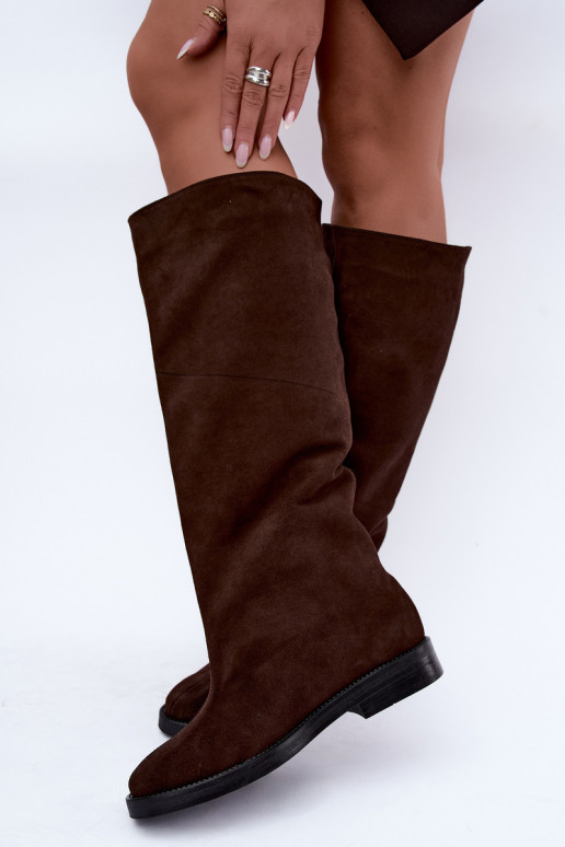 Botas altas de ante sintético cálidas con tacones anchos en marrón Zazoo 542