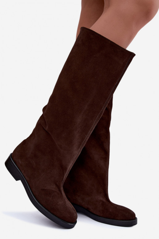Botas altas de ante sintético cálidas con tacones anchos en marrón Zazoo 542