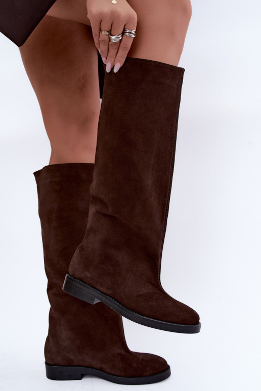 Botas altas de ante sintético cálidas con tacones anchos en marrón Zazoo 542