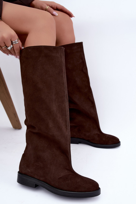 Botas altas de ante sintético cálidas con tacones anchos en marrón Zazoo 542