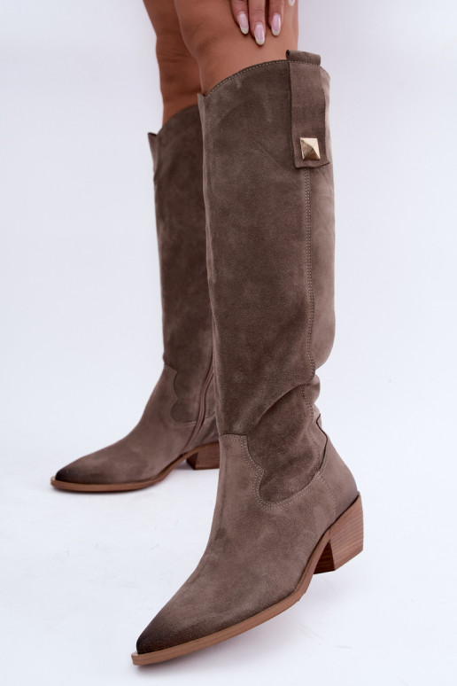 Botas altas cálidas de estilo cowboy en ante sintético color arcilla Zazoo 4224