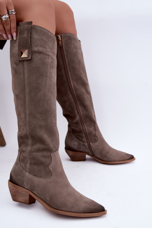Botas altas cálidas de estilo cowboy en ante sintético color arcilla Zazoo 4224