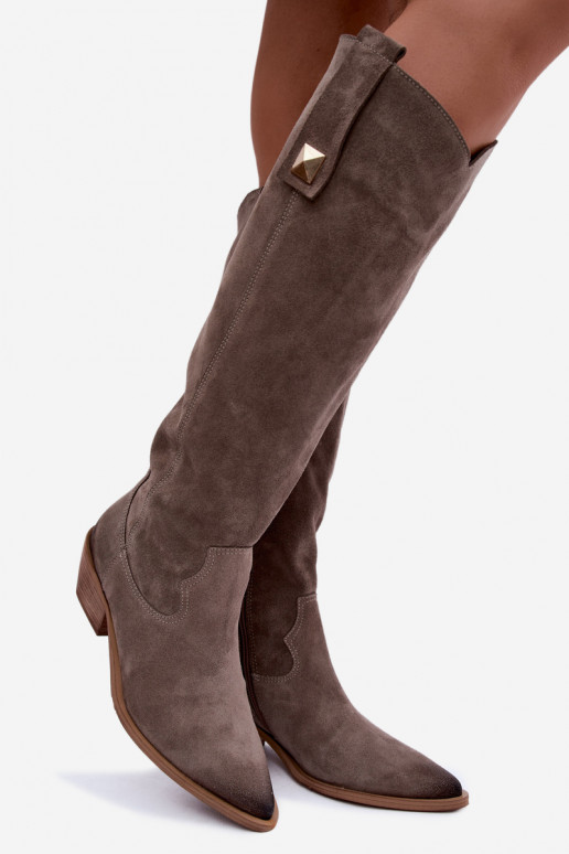 Botas altas cálidas de estilo cowboy en ante sintético color arcilla Zazoo 4224