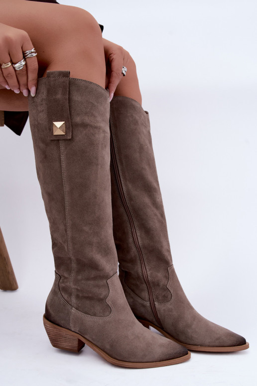 Botas altas cálidas de estilo cowboy en ante sintético color arcilla Zazoo 4224