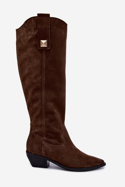 Botas altas cálidas de estilo cowboy en ante sintético marrón Zazoo 4224