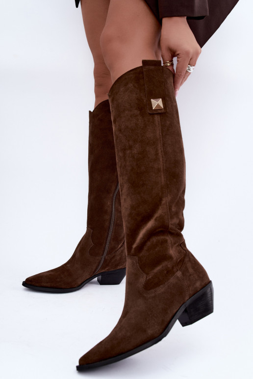 Botas altas cálidas de estilo cowboy en ante sintético marrón Zazoo 4224