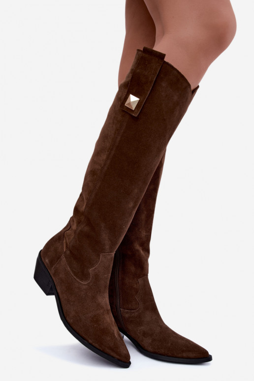 Botas altas cálidas de estilo cowboy en ante sintético marrón Zazoo 4224