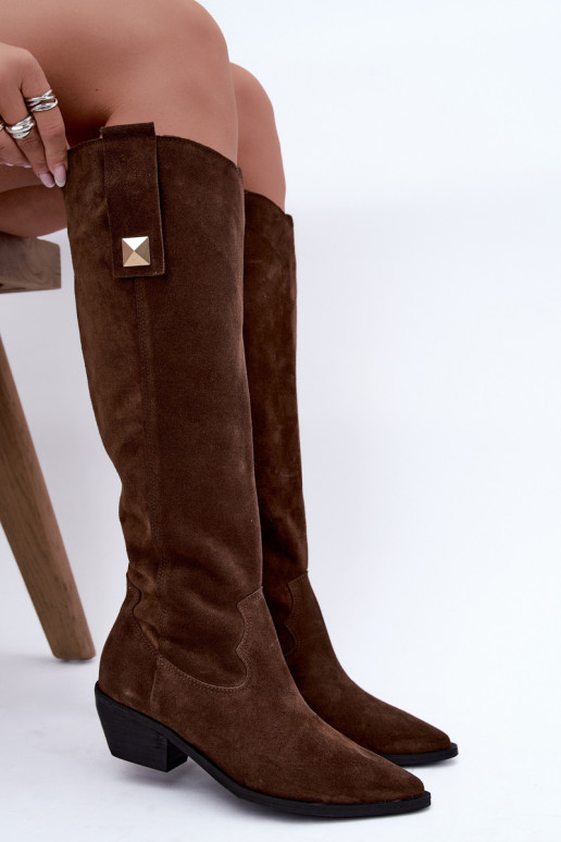 Botas altas cálidas de estilo cowboy en ante sintético marrón Zazoo 4224