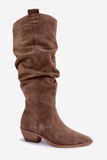Botas altas cálidas arrugadas de estilo cowboy en ante sintético marrón Zazoo 4313