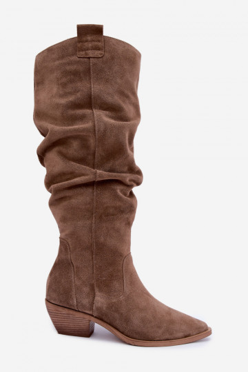 Botas altas cálidas arrugadas de estilo cowboy en ante sintético marrón Zazoo 4313 2