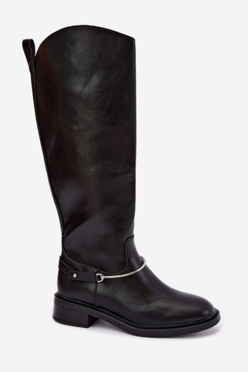 Botas altas con tacones anchos y cintas decorativas en color negro INillene 2