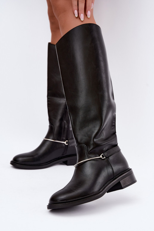 Botas altas con tacones anchos y cintas decorativas en color negro INillene