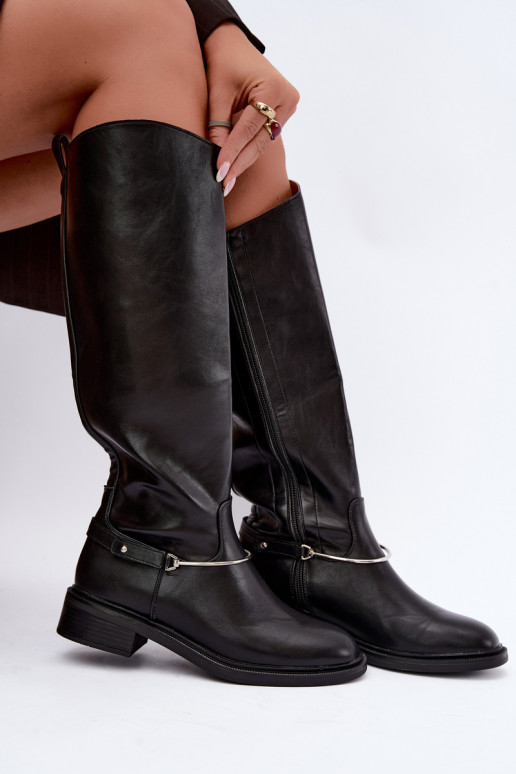 Botas altas con tacones anchos y cintas decorativas en color negro INillene