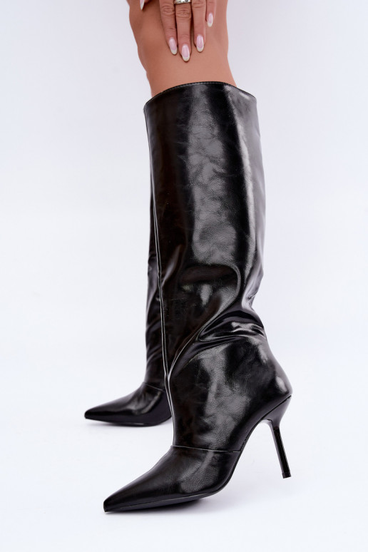 Botas cálidas por encima de la rodilla con tacones finos color negro Fenoria