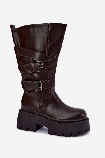 Botas altas con plataforma y correas en color chocolate Delsenne 2