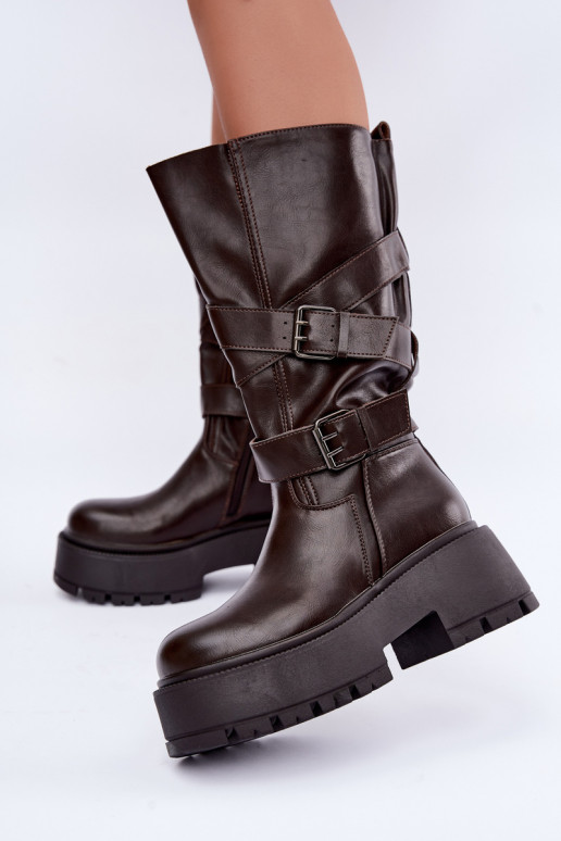 Botas altas con plataforma y correas en color chocolate Delsenne