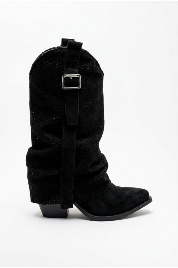 Botas negras altas de estilo vaquero con punta afilada y tacones Calenne