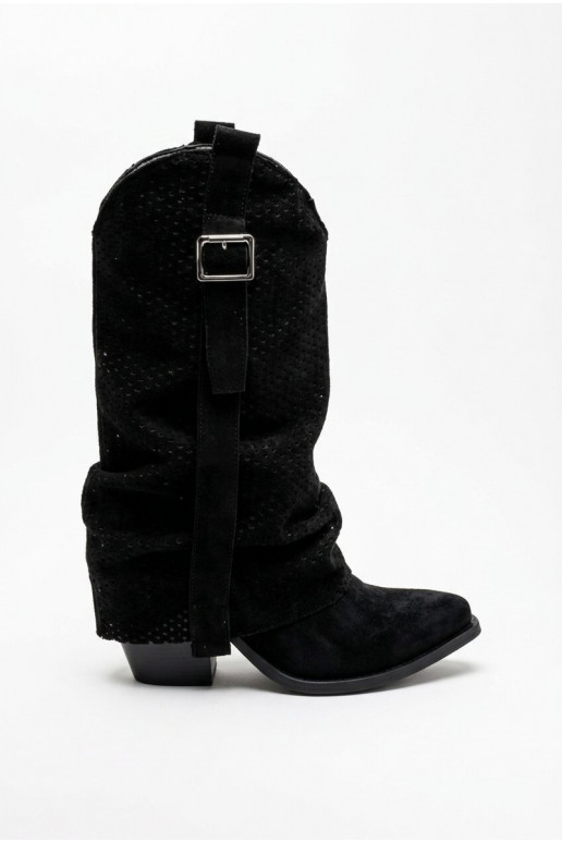 Botas negras altas de estilo vaquero con punta afilada y tacones Calenne