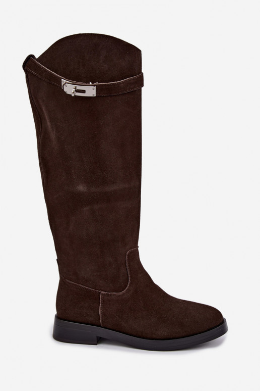 Botas altas de chocolate de ante con correas decorativas Clarimond