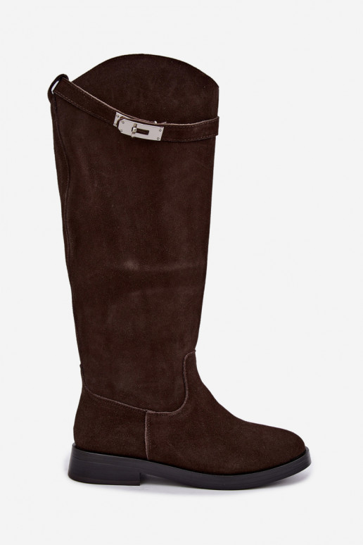 Botas altas de chocolate de ante con correas decorativas Clarimond