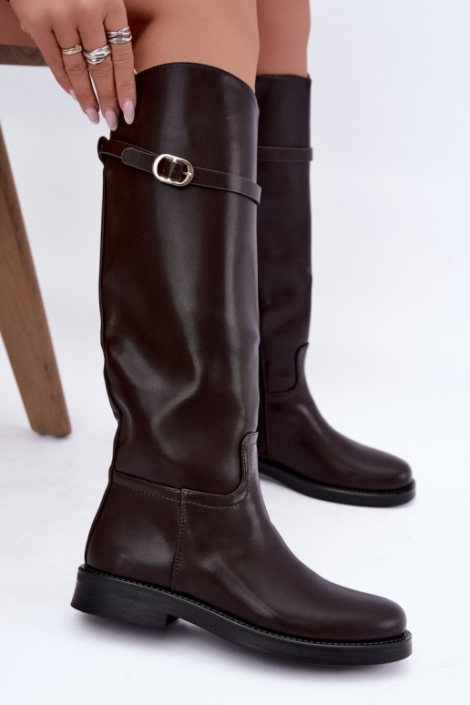 Botas altas de mujer con tacones anchos y correas con hebillas en color chocolate Sylvena