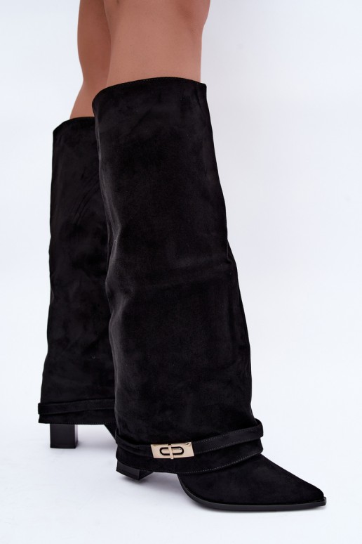 Botas altas cálidas con caña cosida y tacones en negro Jorella
