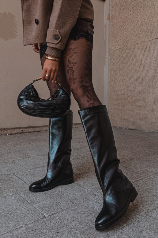 Botas altas de cuero cálidas con tacones anchos en negro Zazoo 542