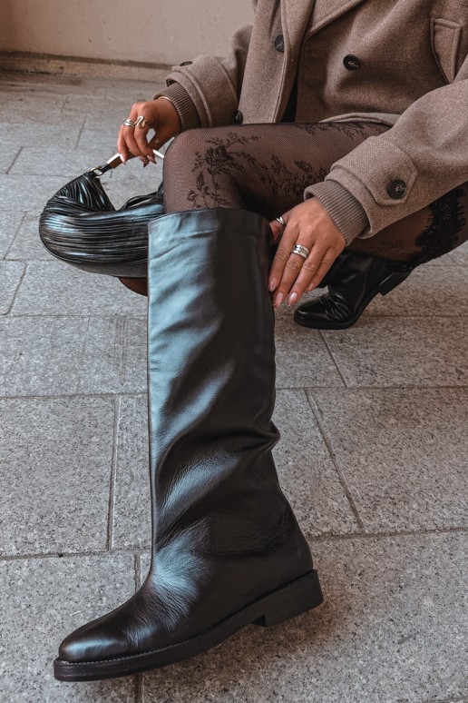 Botas altas de cuero cálidas con tacones anchos en negro Zazoo 542