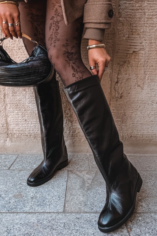 Botas altas de cuero cálidas con tacones anchos en negro Zazoo 542