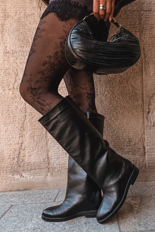 Botas altas de cuero cálidas con tacones anchos en negro Zazoo 542