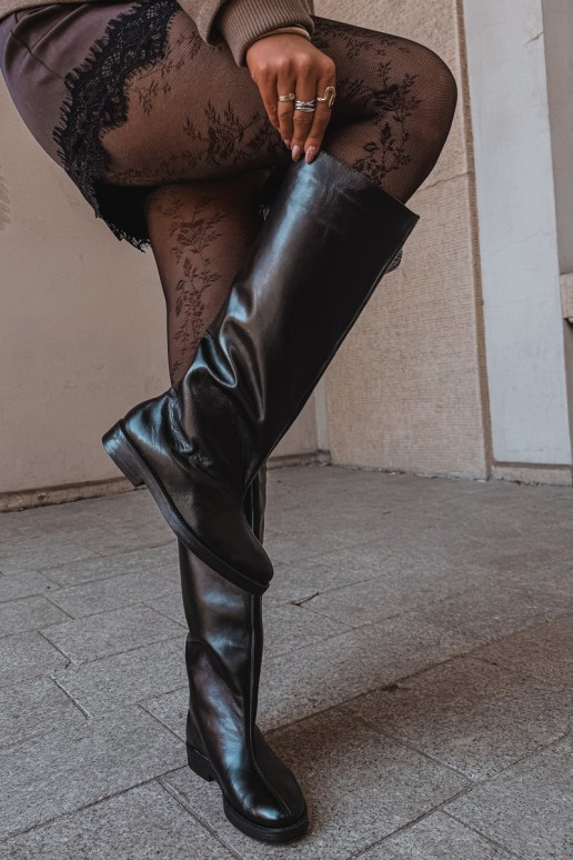 Botas altas de cuero cálidas con tacones anchos en negro Zazoo 542