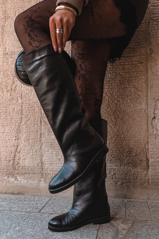 Botas altas de cuero cálidas con tacones anchos en negro Zazoo 542