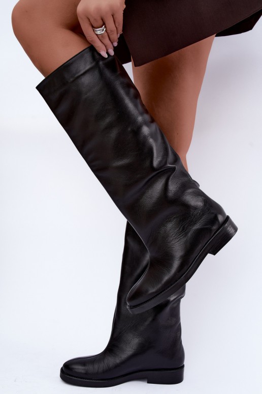 Botas altas de cuero cálidas con tacones anchos en negro Zazoo 542