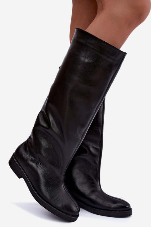 Botas altas de cuero cálidas con tacones anchos en negro Zazoo 542